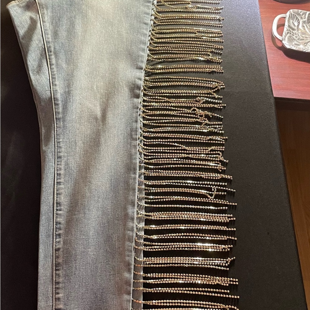 Women's Blue Jeans with Silver Studed Fringe